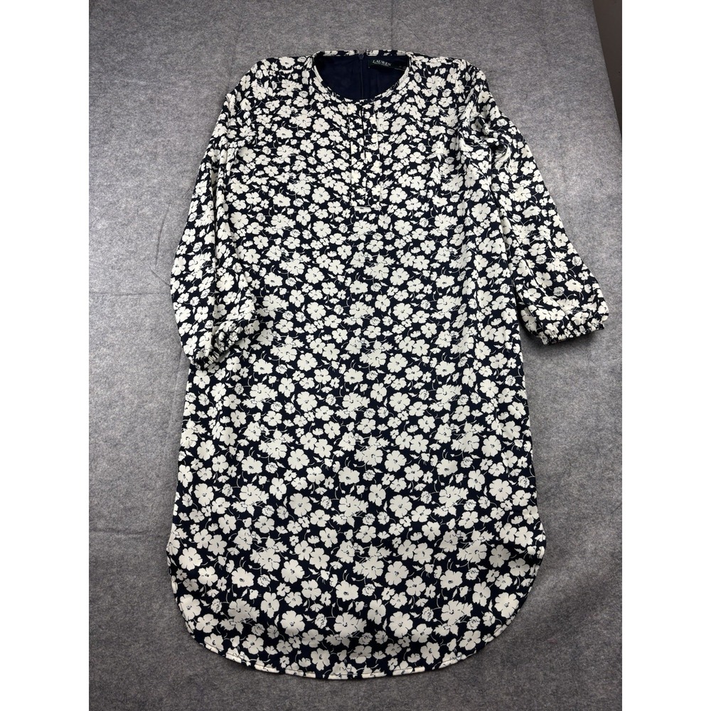Lauren Ralph Women's 10 Blue White Floral Shift Shirt Long Sleeve Chiffon Dress